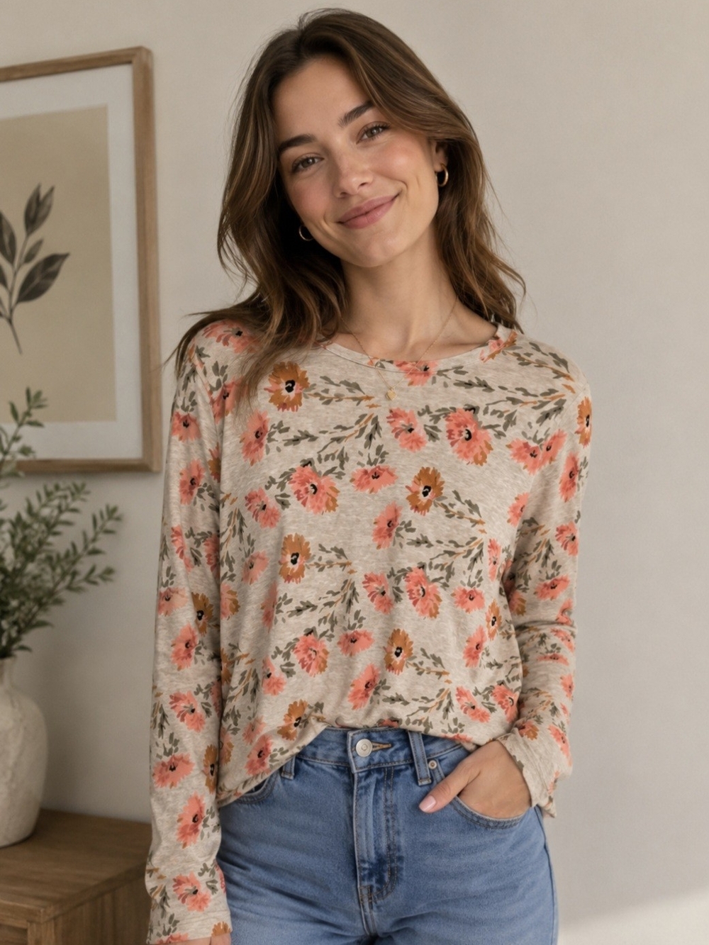 croft & barrow Gray Floral Long-Sleeve Crewneck Top